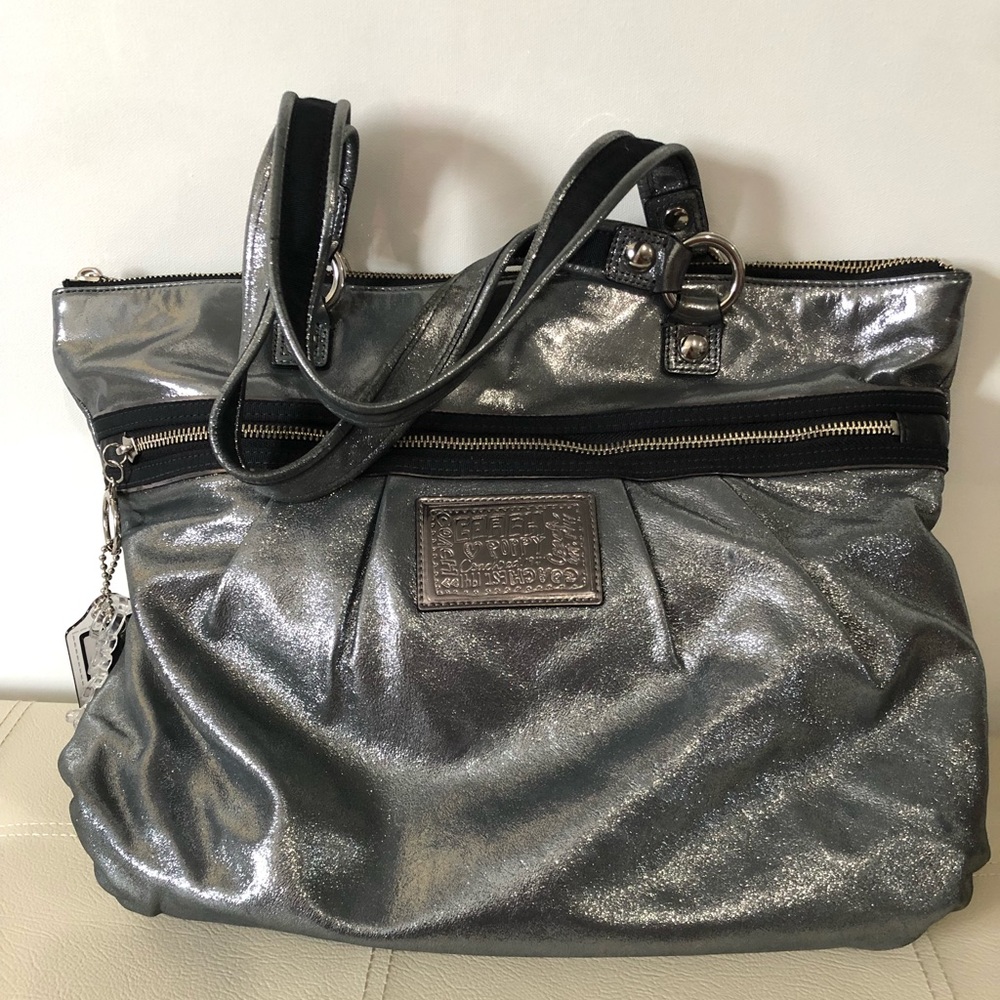 Coach Poppy Shiny Gray Tote Bag with Purple Inlay